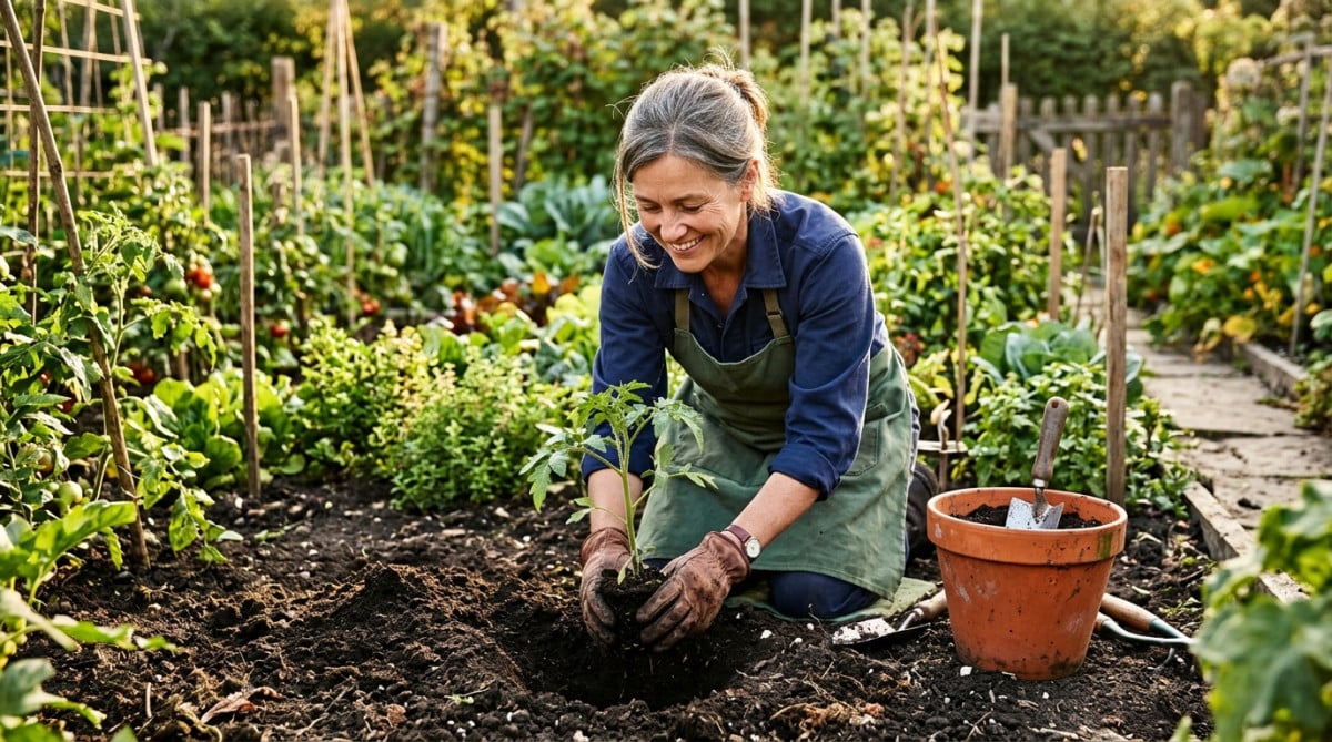 Jardinier enterrant un plant de tomate dans un trou profond