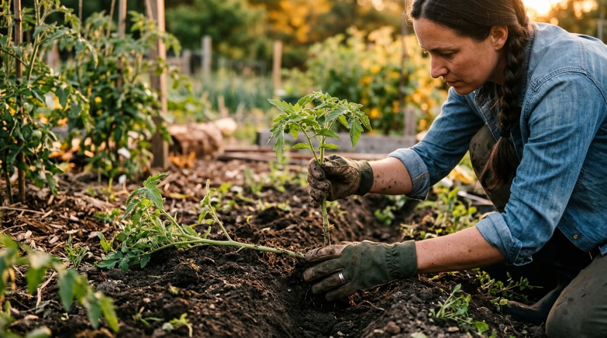 Jardinière couchant la tige d'un plant de tomate dans un sillon