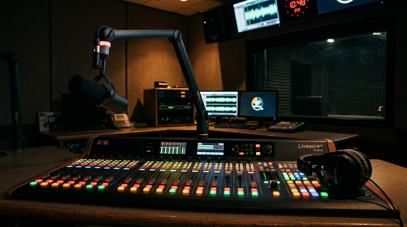 Studio de radio nocturne avec micro et table de mixage