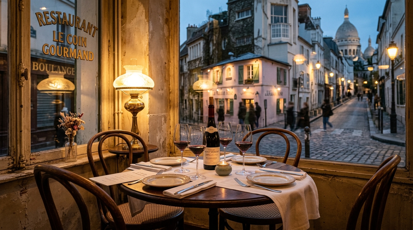 Table de bistro parisien dressée pour trois au crépuscule