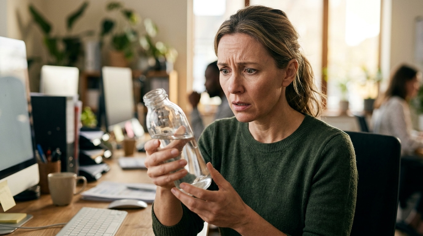 Femme de bureau fixant sa bouteille d'eau avec stupeur