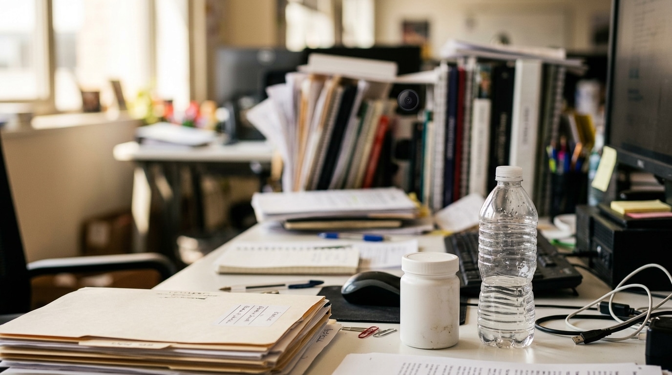 Petit récipient blanc et bouteille sur un bureau