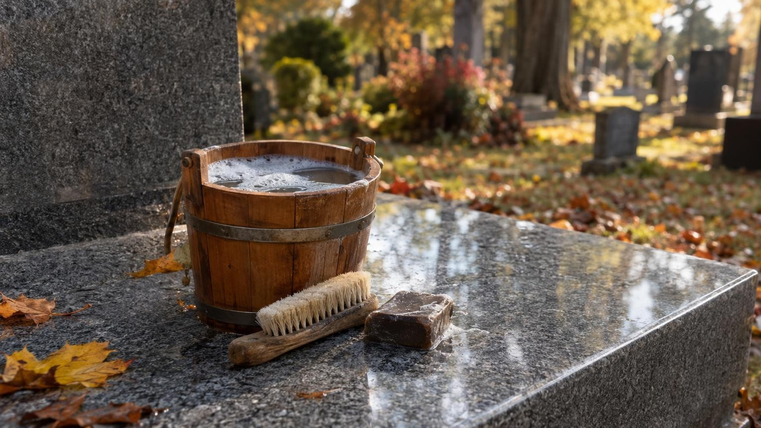 Seau d'eau savonneuse et brosse sur une tombe en granit
