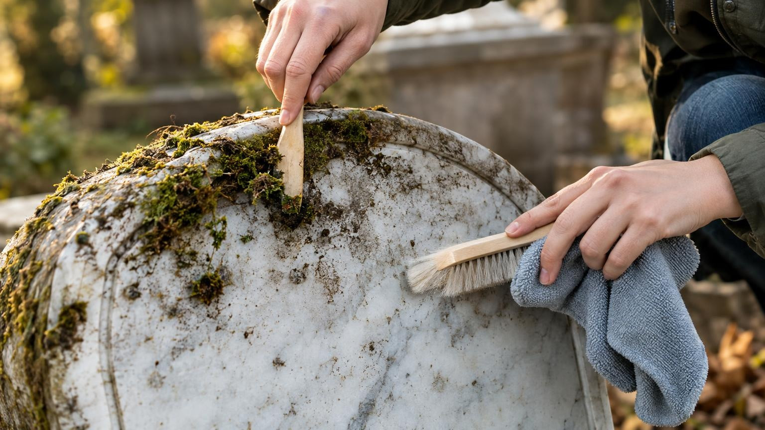 Mains nettoyant doucement une pierre de marbre avec une brosse