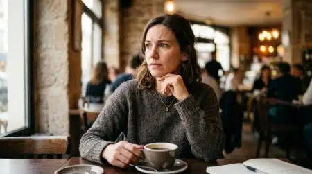 Femme pensive attablée dans un café, regard hésitant