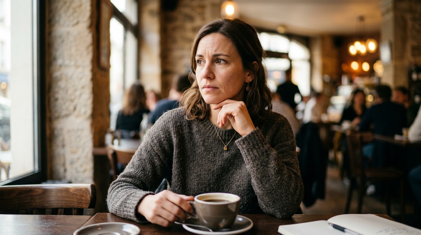 Femme pensive attablée dans un café, regard hésitant