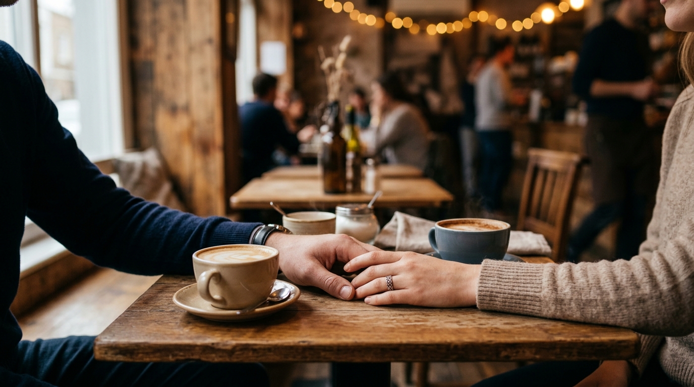 Deux tasses de café et deux mains proches sur une table