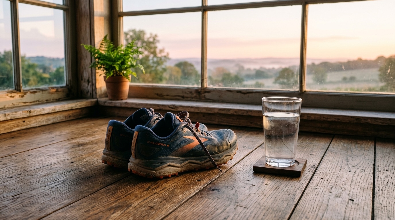 Baskets de running et verre d'eau près d'une fenêtre au lever du soleil, symbole d'un nouveau départ