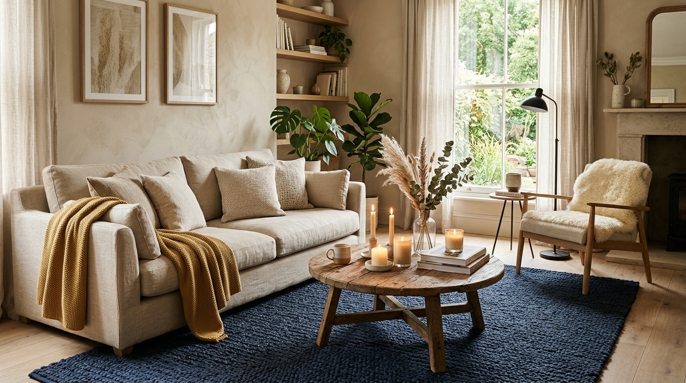 Salon beige et lin avec tapis bleu nuit et plaid moutarde