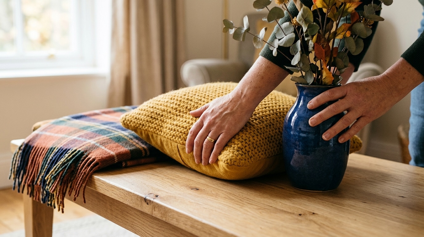 Mains disposant coussin moutarde et vase bleu sur table basse