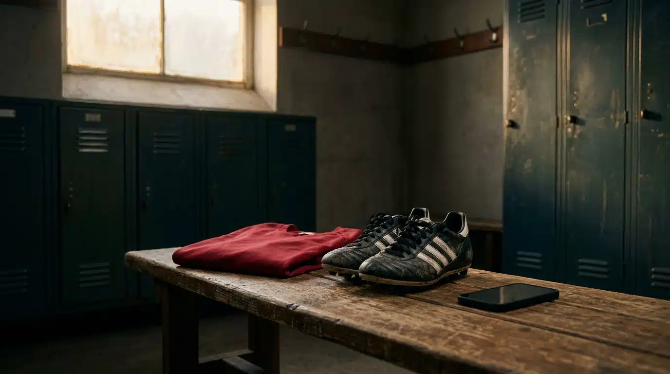 Maillot rouge plié sur un banc de vestiaire vide