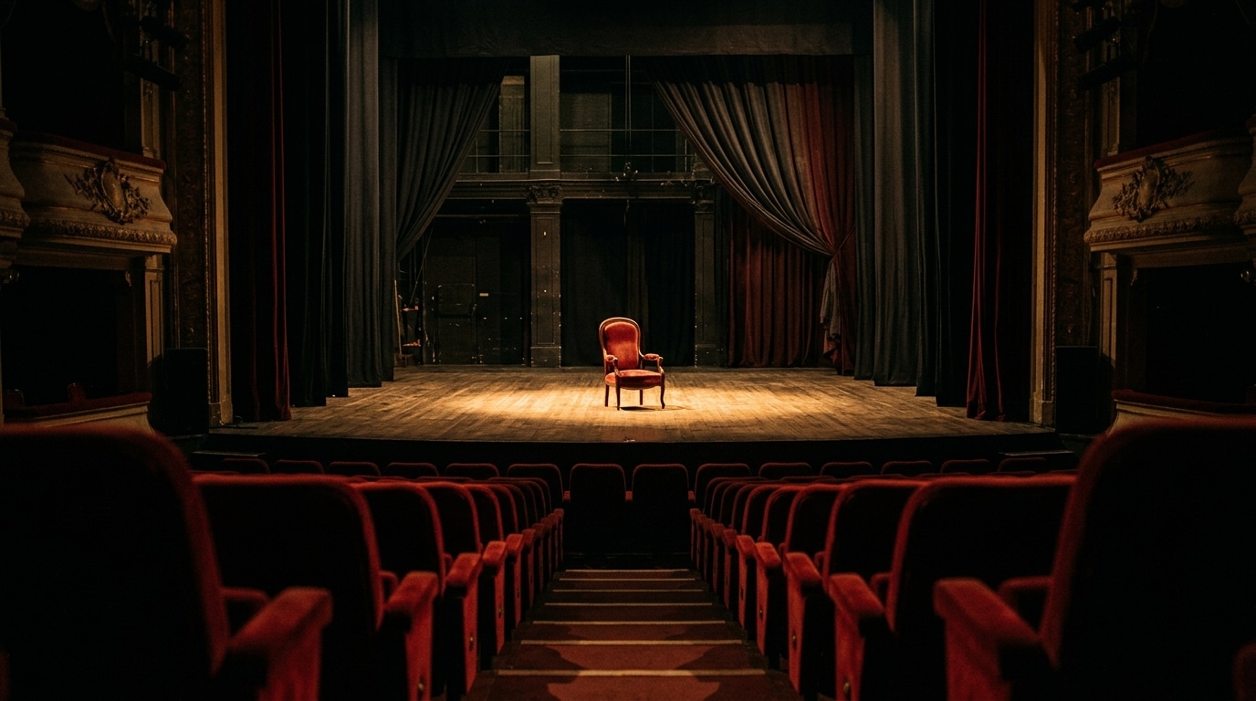 Scène de théâtre parisien vide avec un fauteuil sous projecteur