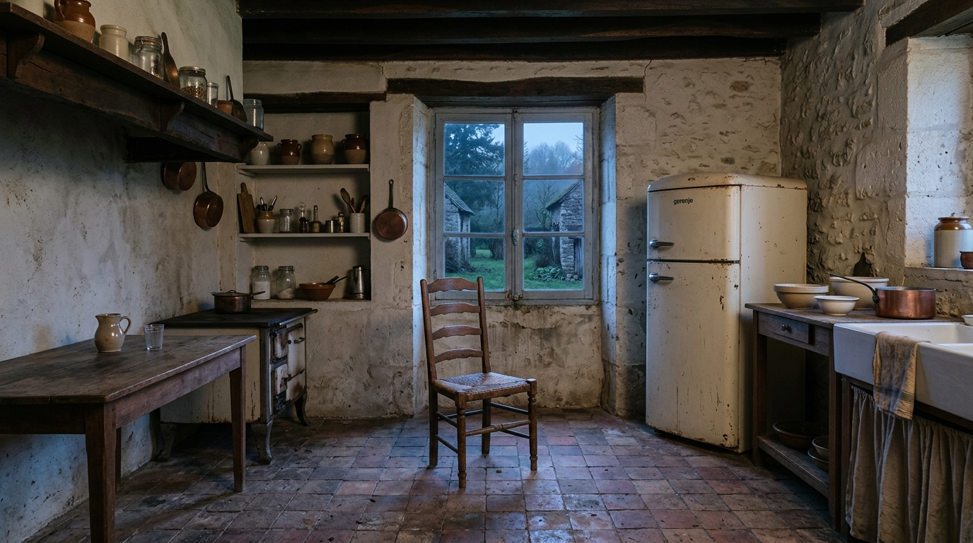 Cuisine de maison de campagne vide au crépuscule