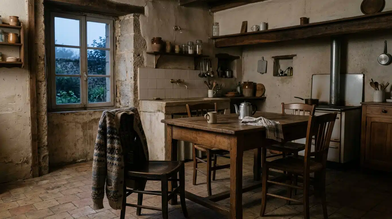 Cuisine vide d'une maison de campagne au petit matin