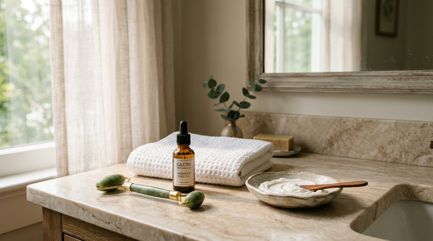 Rituel soin du visage : rouleau de jade, huile et crème sur un meuble de salle de bain