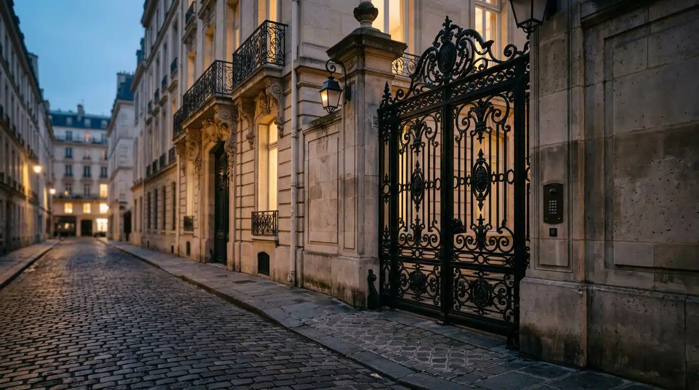 Porte en fer forgé d'un hôtel particulier parisien au crépuscule