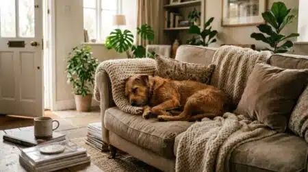 Chien lové sur les coussins d'un canapé de salon
