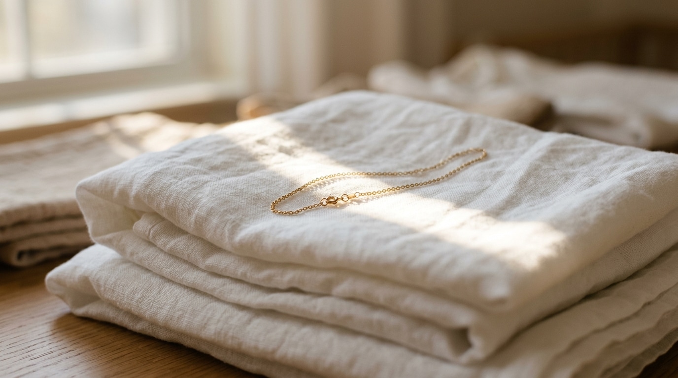 Fine chaîne en or posée sur du linge blanc