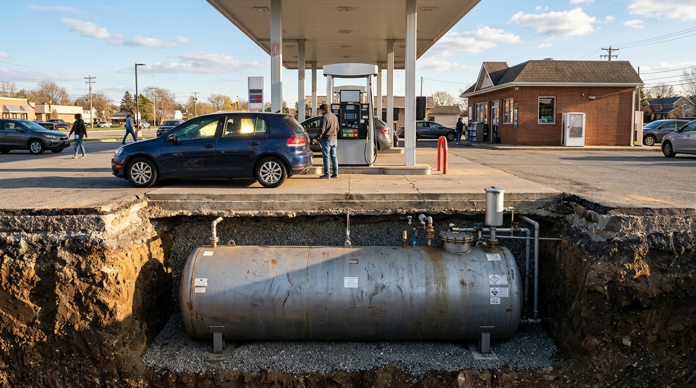 Coupe d'une station-service avec cuve enterrée sous la piste