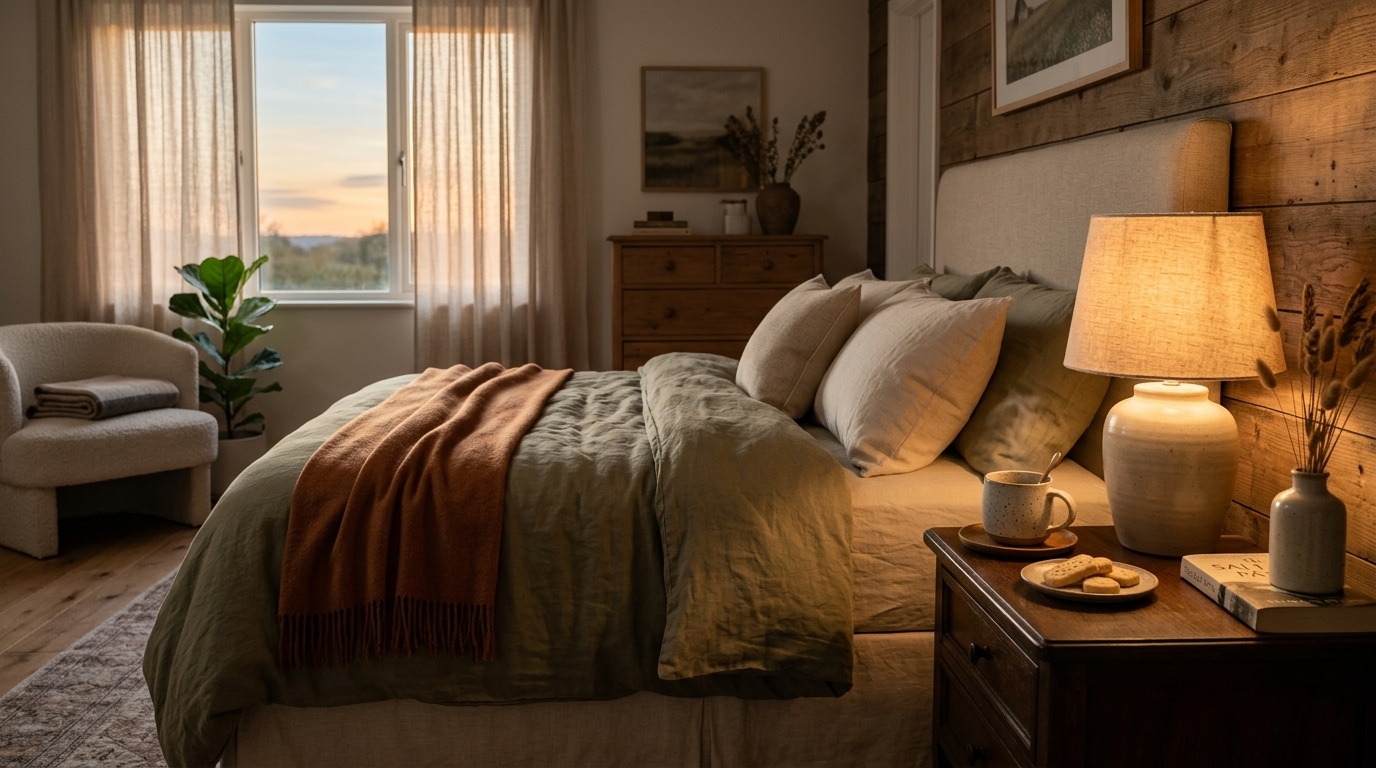 Chambre douillette au crépuscule avec tisane et petit grignotage sur la table de chevet