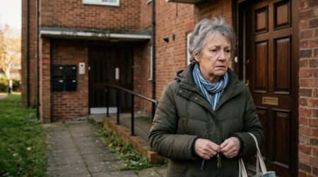 Retraitée inquiète devant la porte d'un immeuble