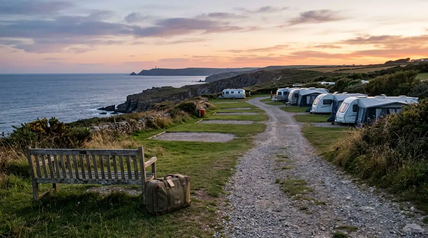 Valise posée sur un banc dans un camping presque vide