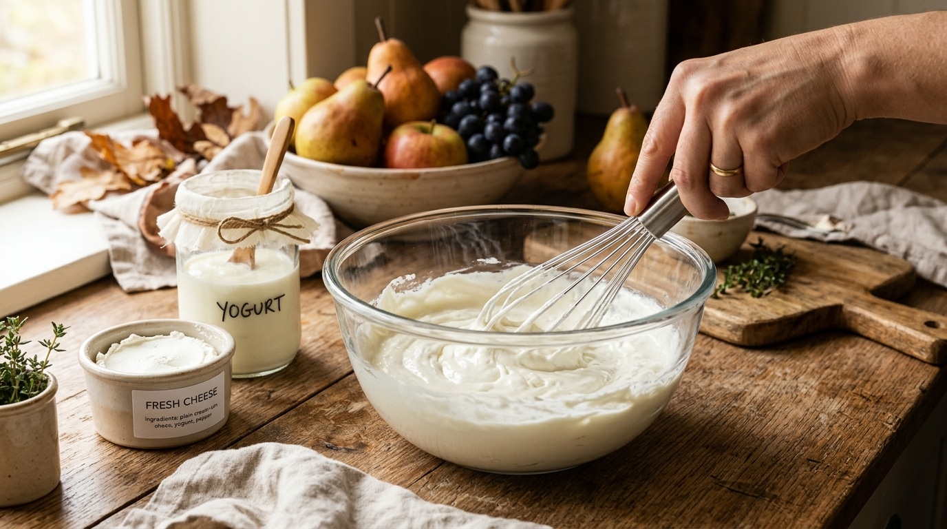 Mélange crémeux de fromage frais fouetté dans un bol en verre