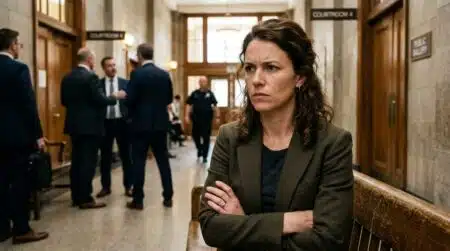 Femme au regard tendu et indigné dans un couloir de tribunal