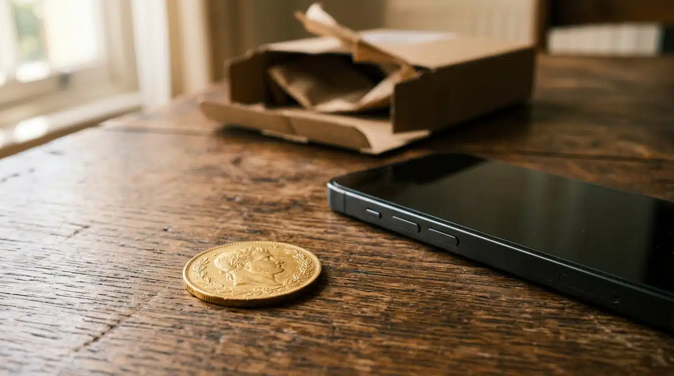 Pièce en or posée près d'un smartphone et d'un colis vide