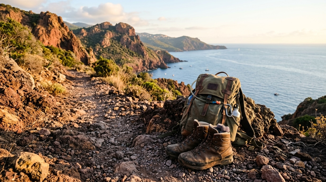 Chaussures de randonnée sur un sentier rocheux face à la mer