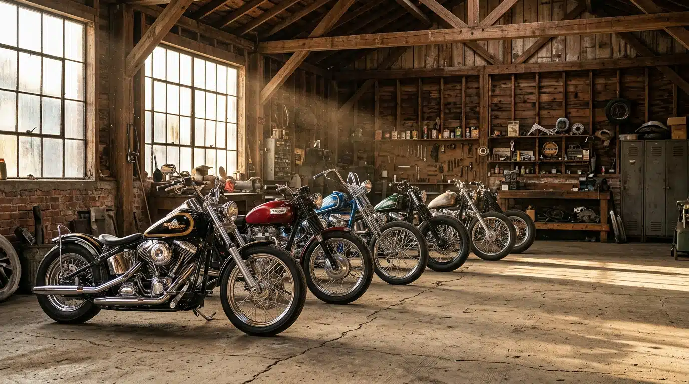 Rangée de motos personnalisées dans un grand garage