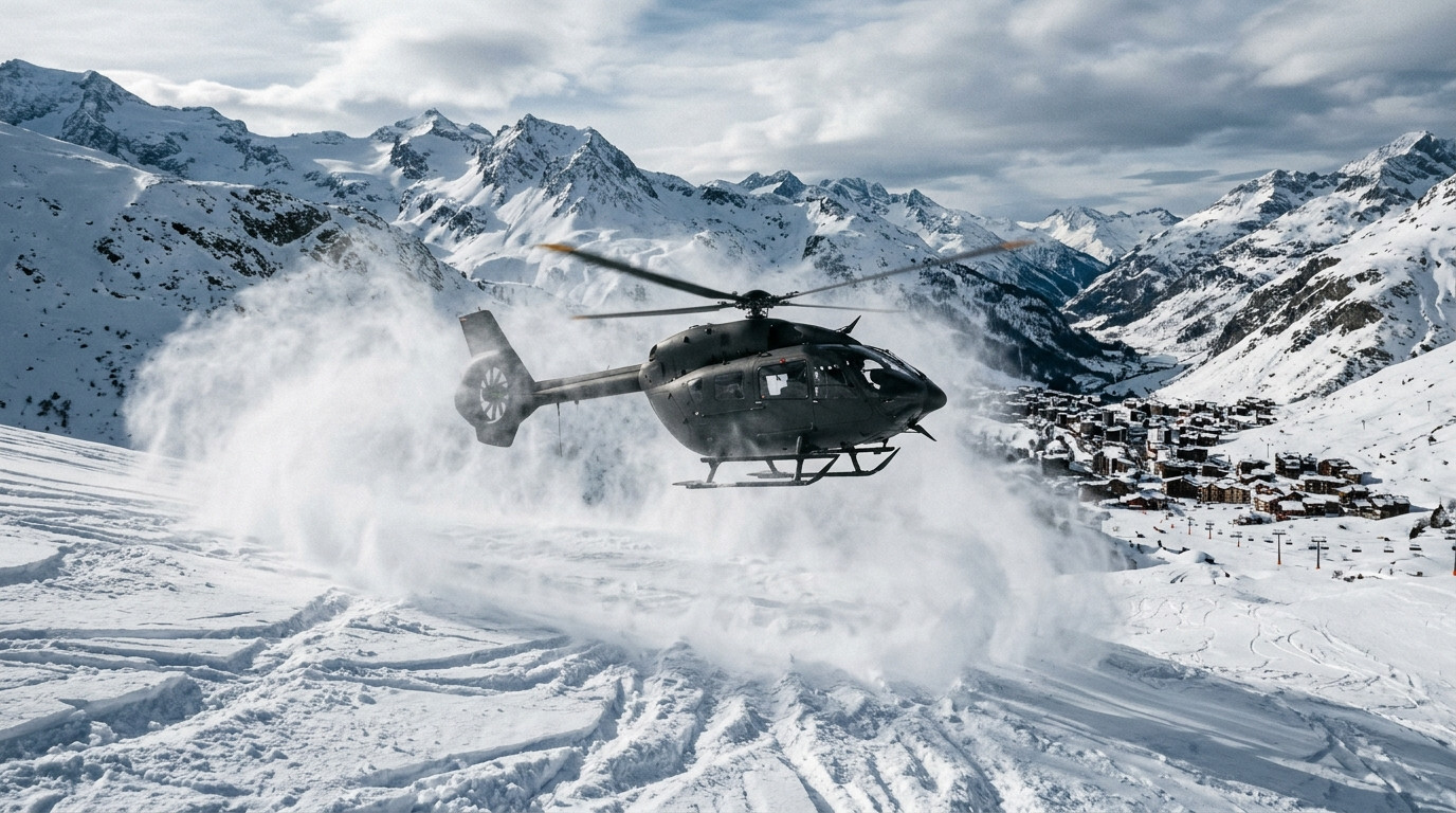 Hélicoptère de secours survolant une piste de ski enneigée