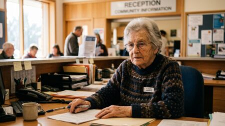 Femme âgée souriante derrière un comptoir d’accueil associatif