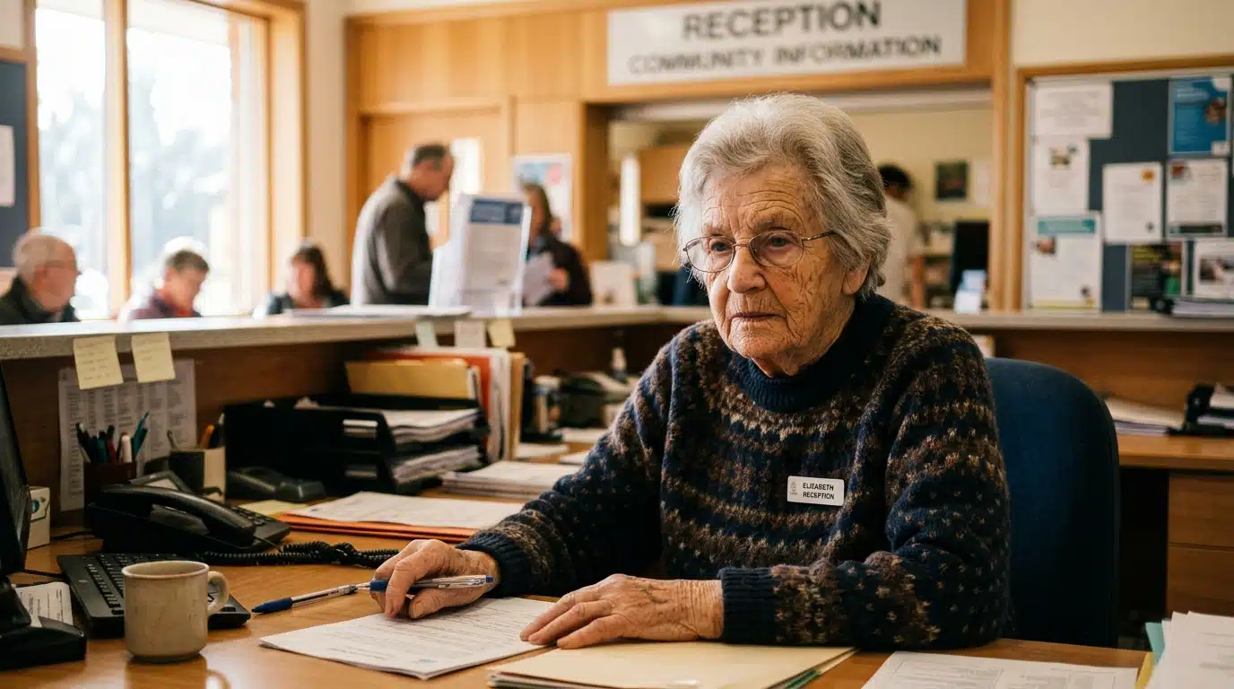 Femme âgée souriante derrière un comptoir d’accueil associatif