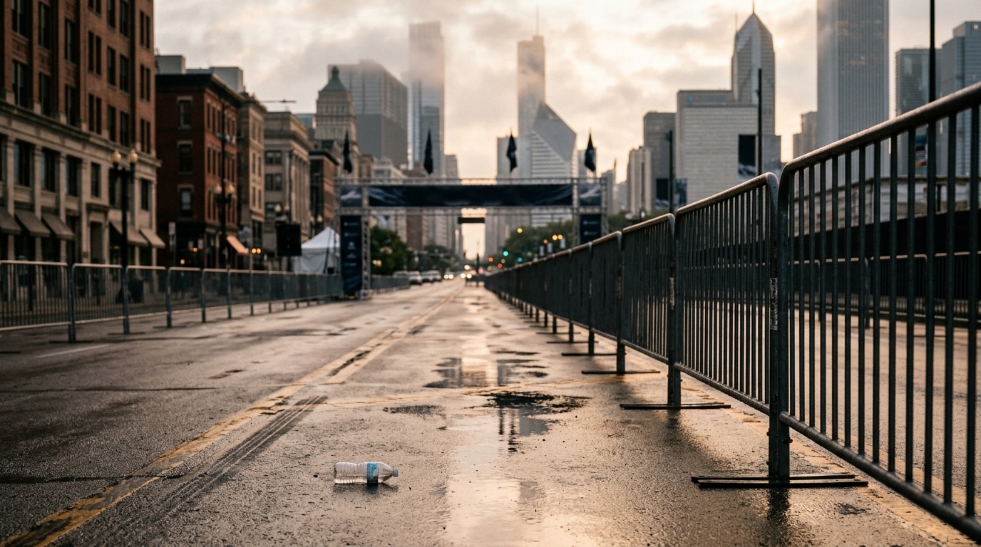 Ligne d'arrivée déserte d'une course urbaine au petit matin