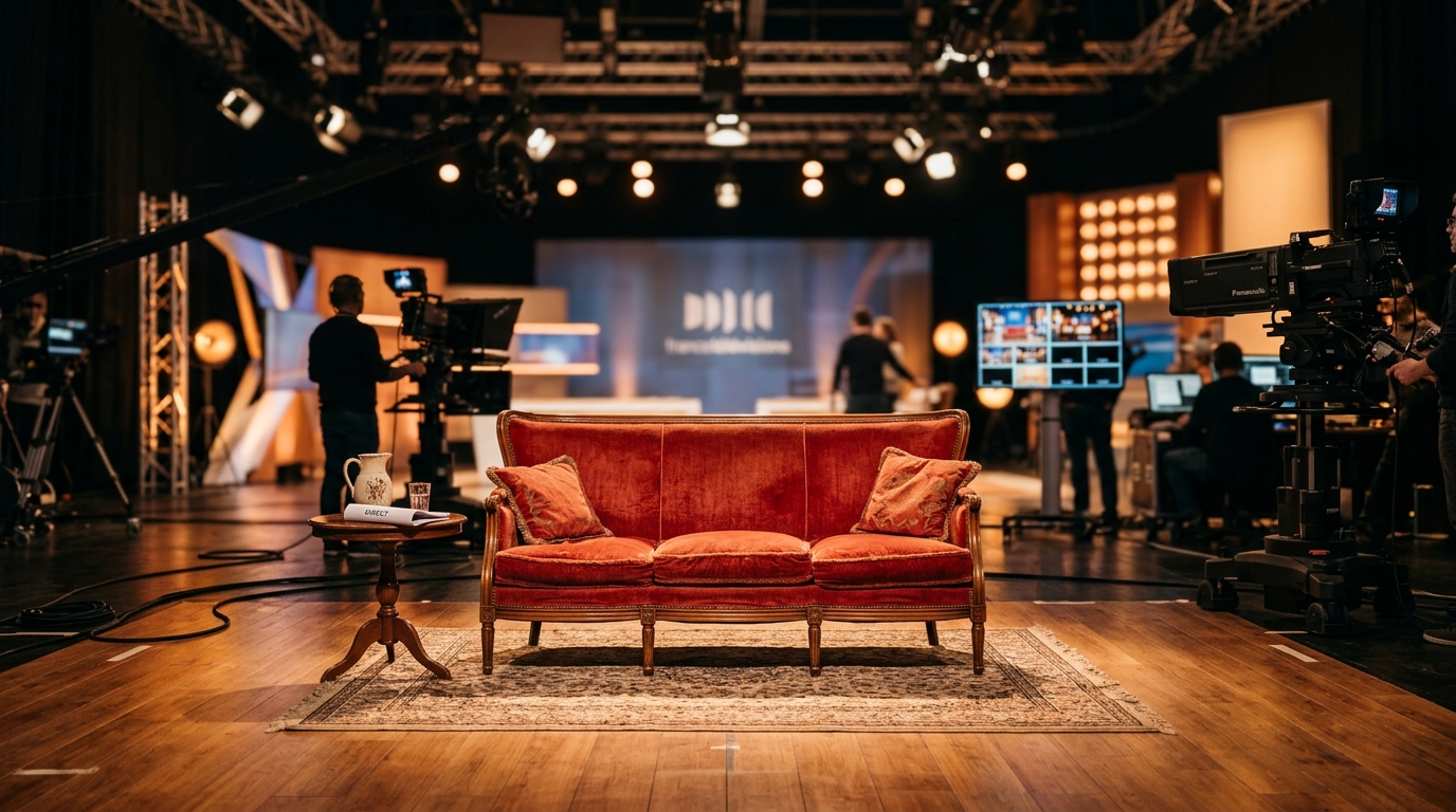Canapé rouge vide dans un studio de télévision éclairé