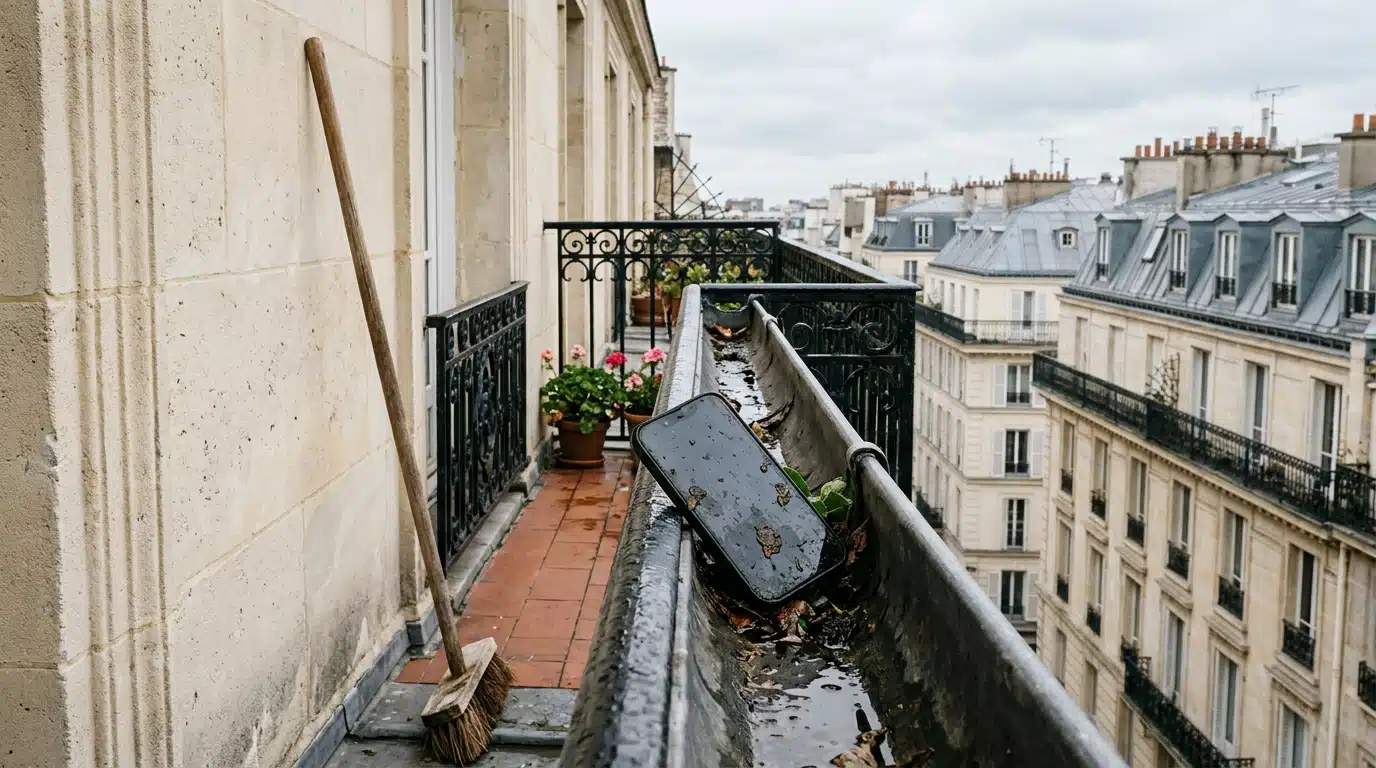 Téléphone coincé dans une gouttière près d'un balcon parisien