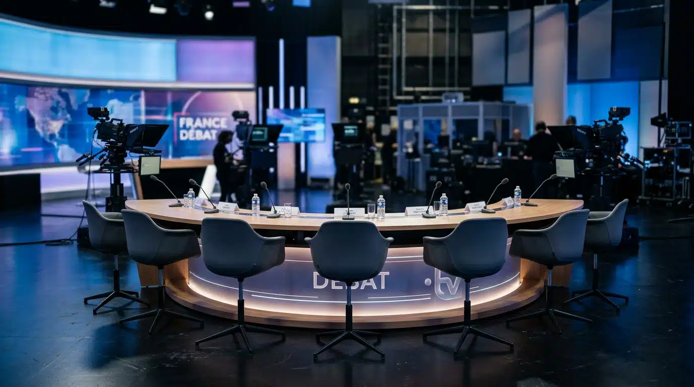Plateau de débat télévisé vide avec chaises, table courbe et micros