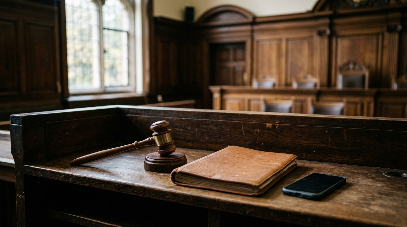 Marteau de juge et dossier fermé sur un banc de tribunal