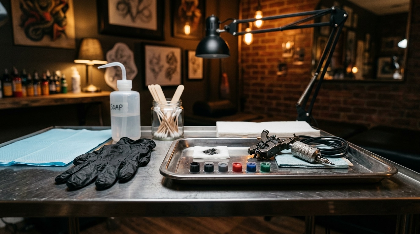Poste de travail d'un salon de tatouage avec machine et encres