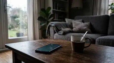 Smartphone posé sur une table à côté d'une tasse dans un salon