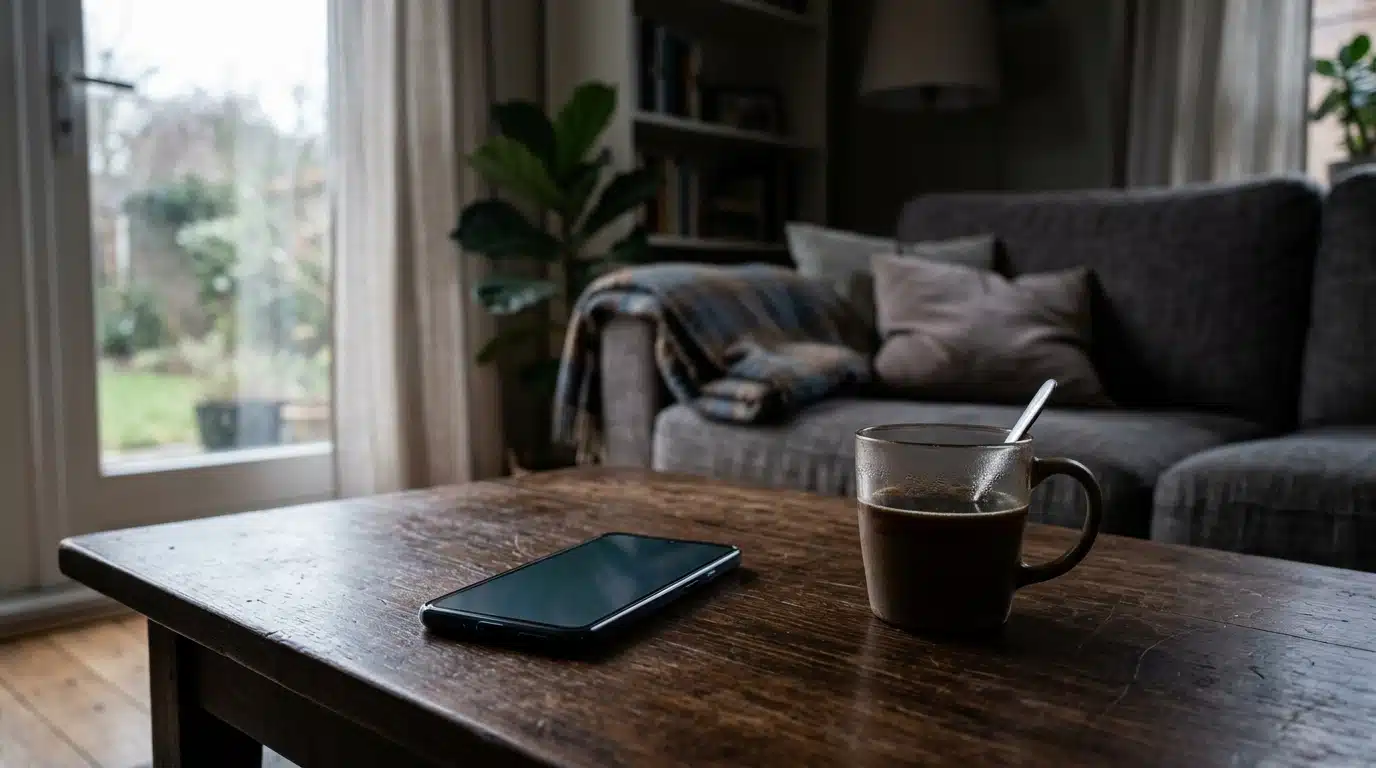 Smartphone posé sur une table à côté d'une tasse dans un salon