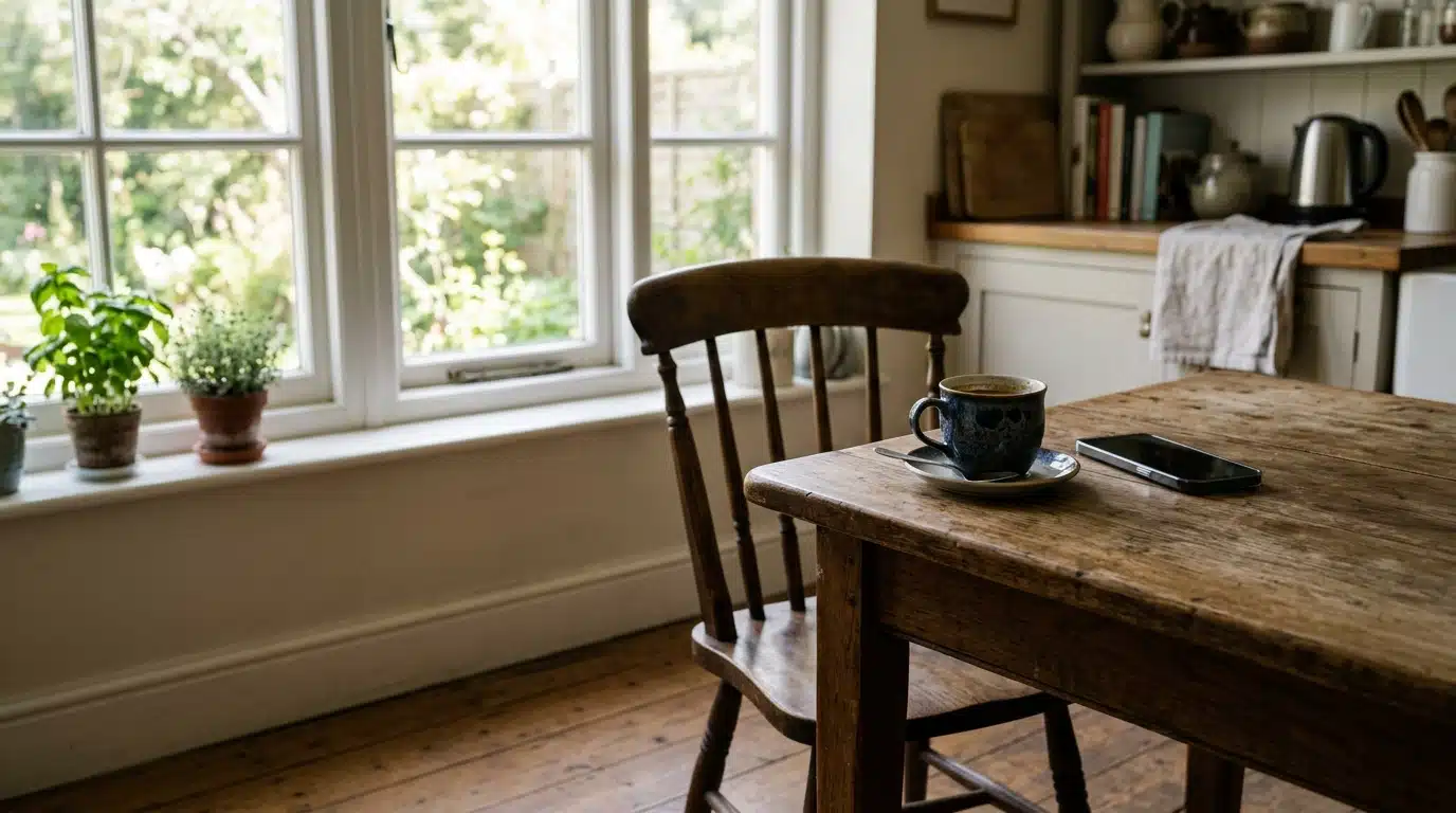 Chaise vide près d'une tasse et d'un téléphone