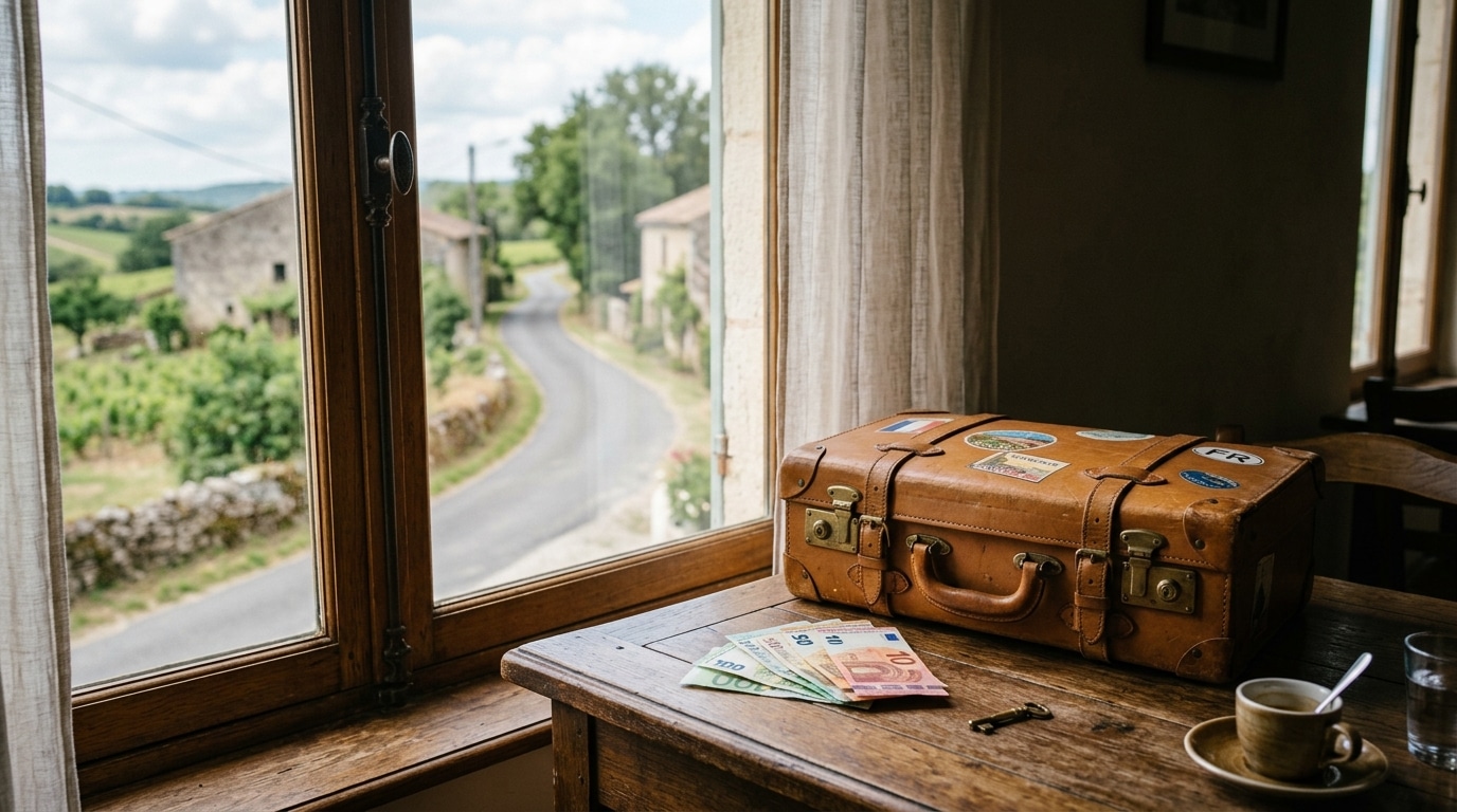 Valise et billets d'euros sur une table près d'une fenêtre