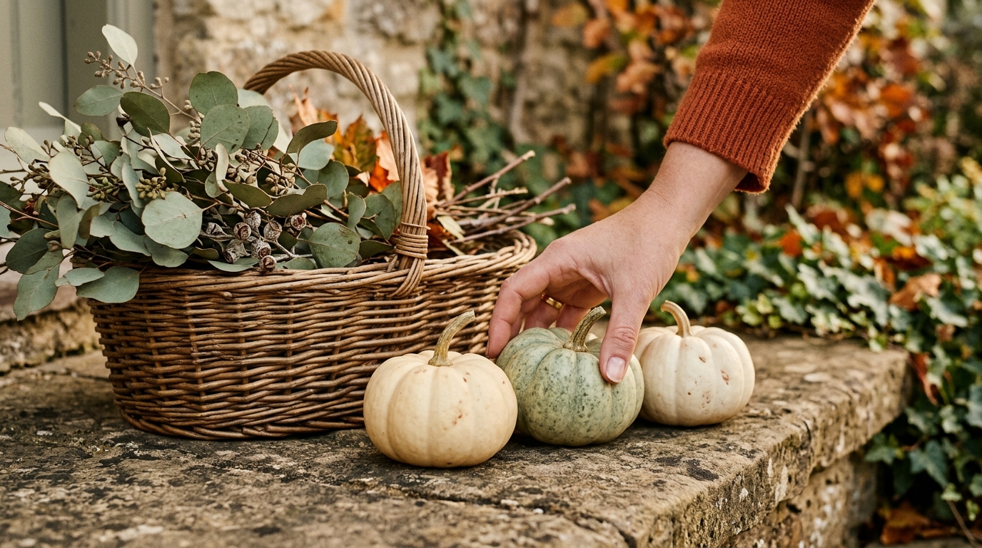 Main disposant de petites courges crème près d'un panier en osier