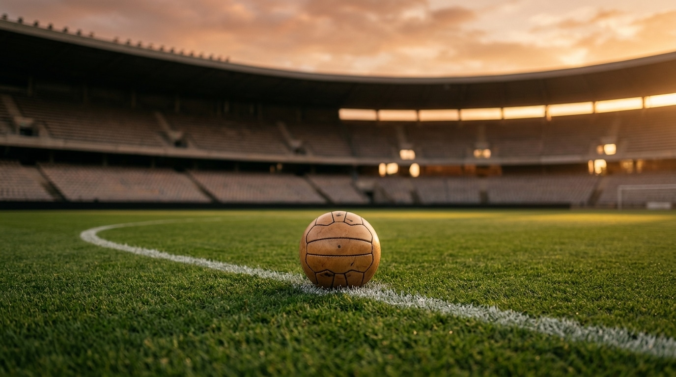 Ballon de football posé sur la pelouse d'un stade désert