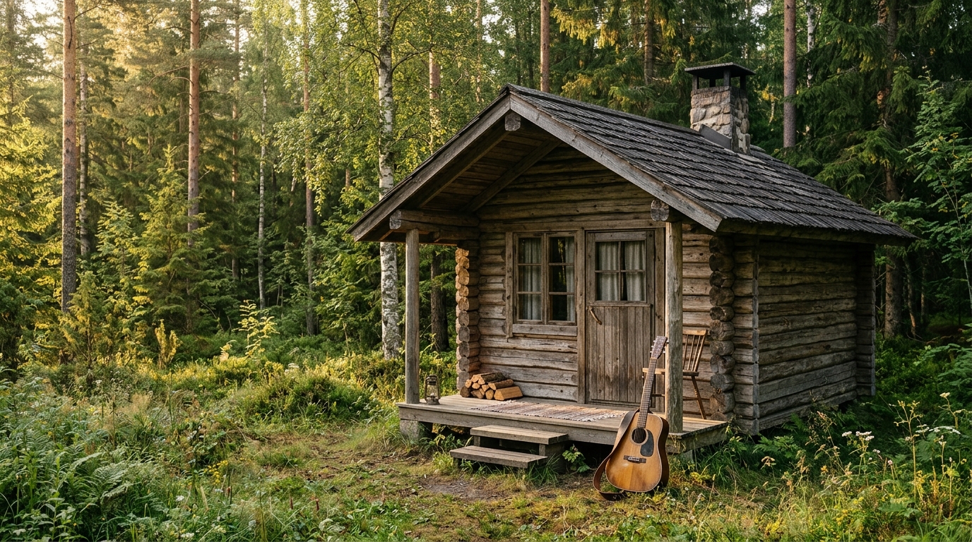 Cabane en rondins en forêt avec guitare posée