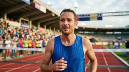 Coureur au visage serein ralentissant près de la ligne d'arrivée