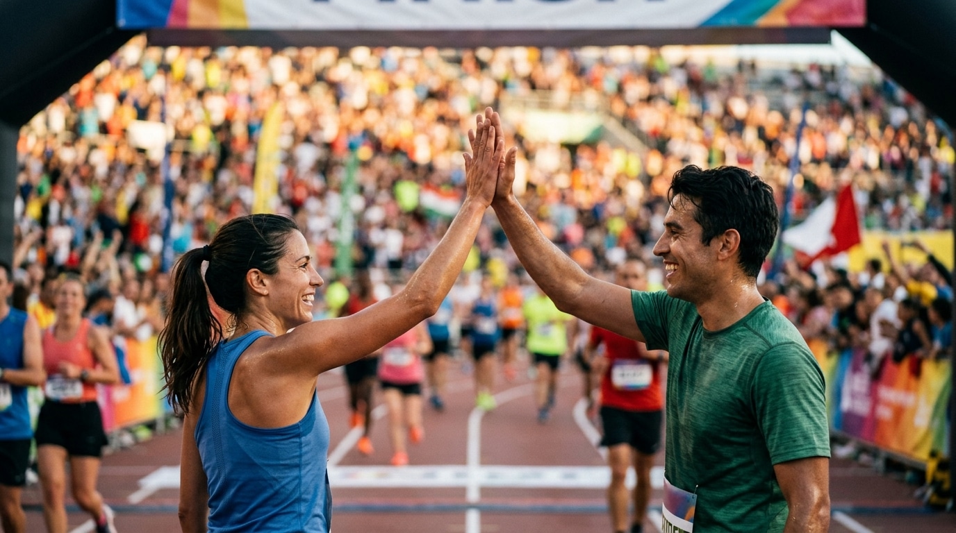 Deux coureurs se tapant dans la main après l'arrivée