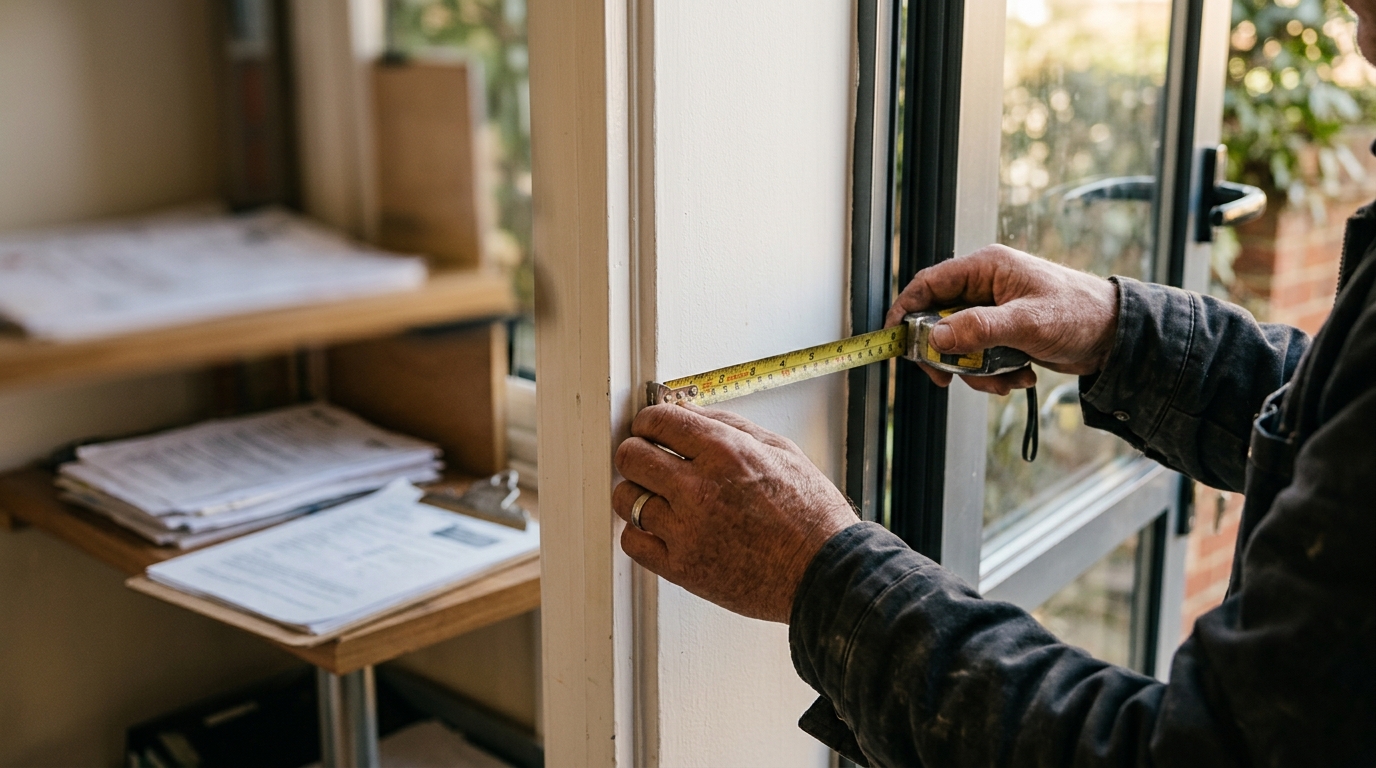 Mains mesurant l'intérieur d'un sas vitré avec un mètre